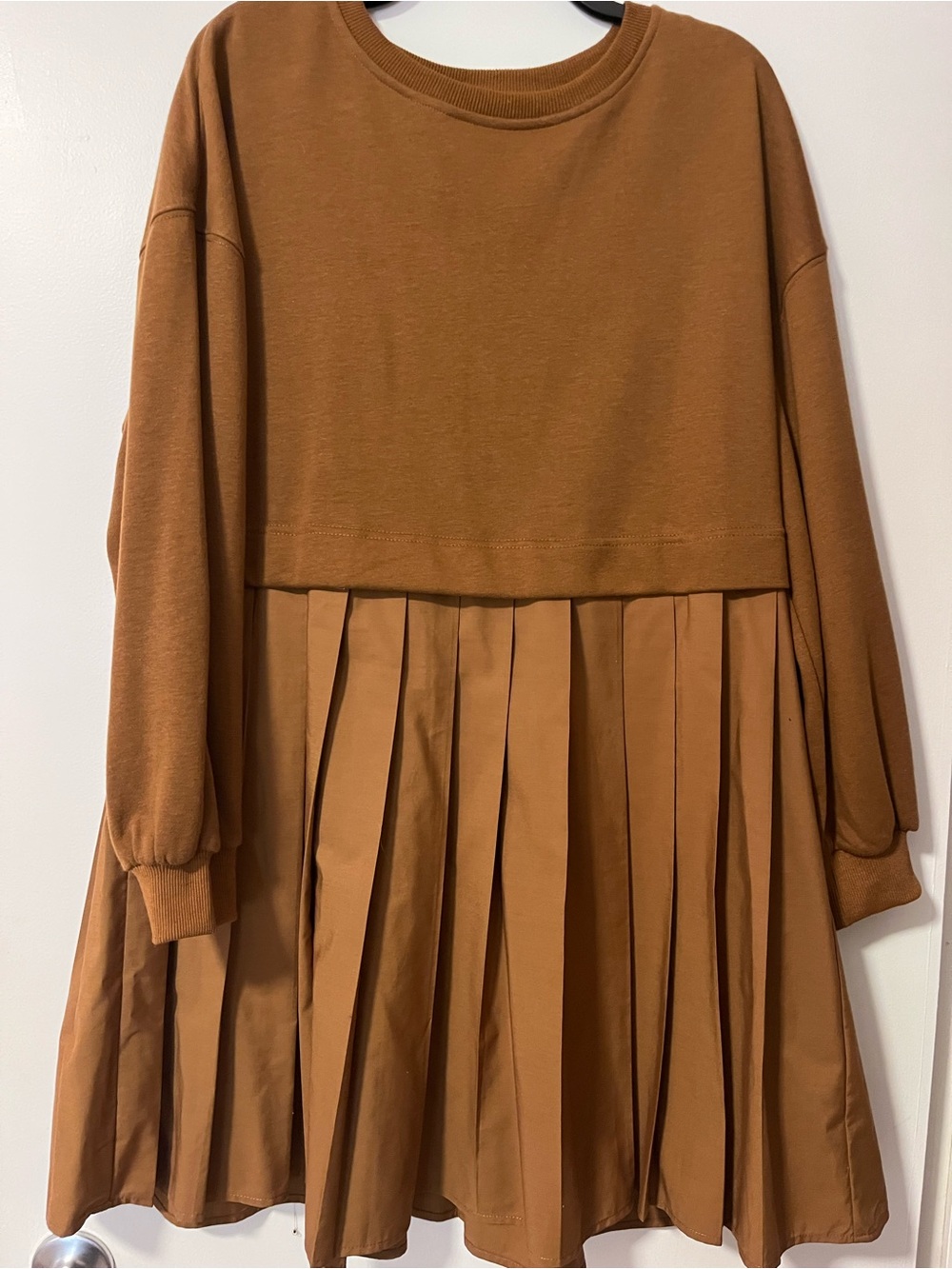 Women’s Long Sleeve Pleated Dress in Caramel Brown